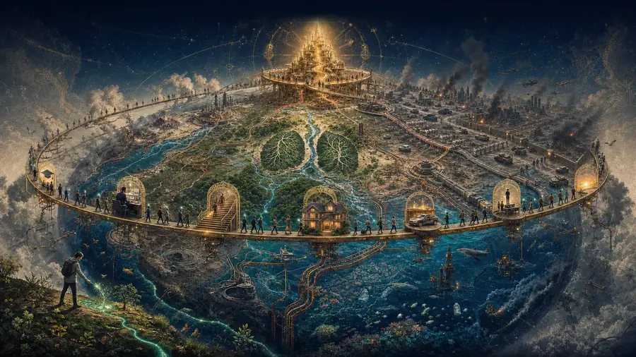 An illustrated world drawn as a walled map-disc, figures walking its rim