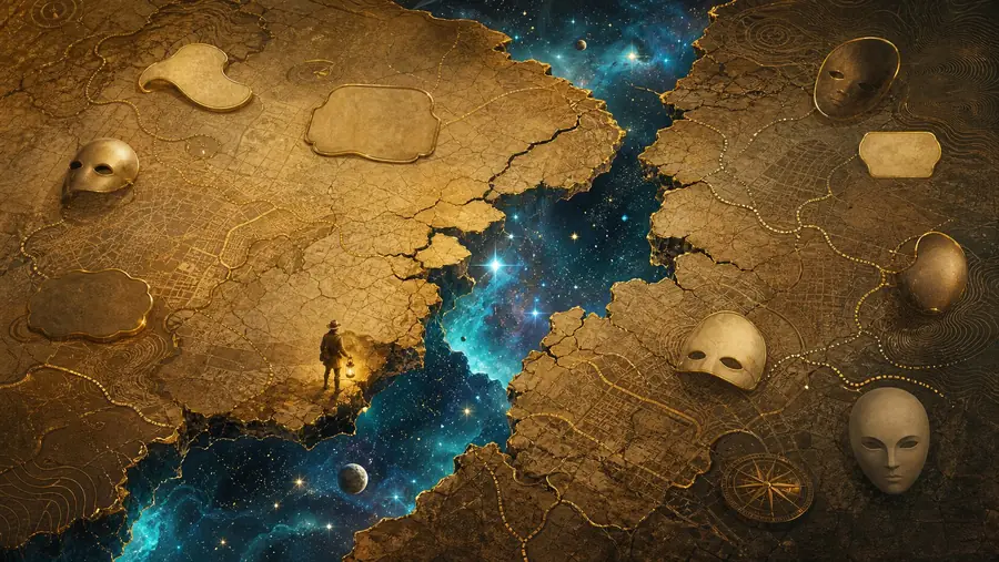 A gold parchment map split by a luminous crack, masks resting at its edges