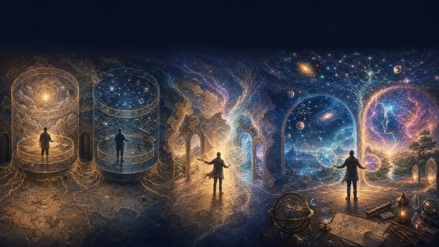 Interior chambers opening onto starfields, a figure standing at the threshold of each