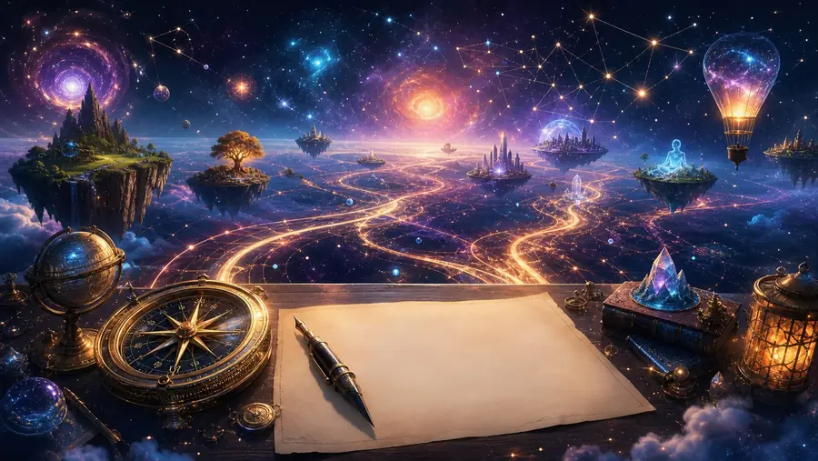 A brass compass and an unwritten page on a map, lanterns and floating islands beyond