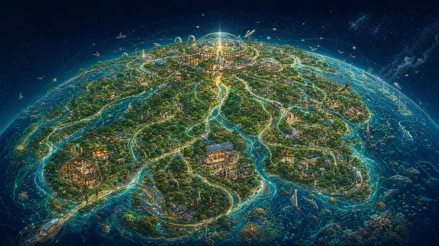 The same world seen again, its paths lit gold and green from within