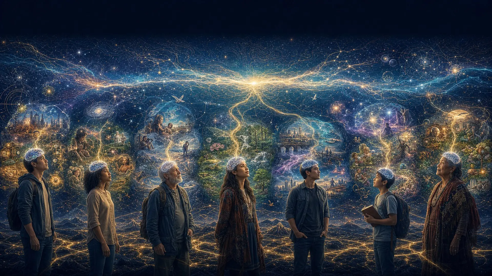 A circle of people standing together inside a luminous map of the world