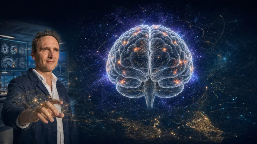 Daniel Branco beside a luminous rendering of the brain